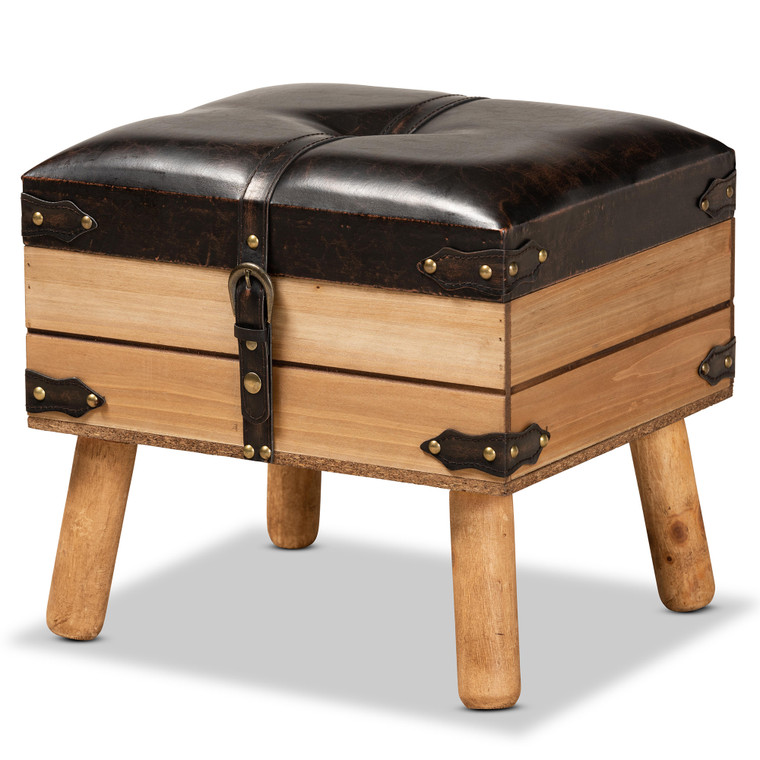 Stout Rustic Transitional PU Leather Upholstered Small Storage Ottoman | Brown/Oak
