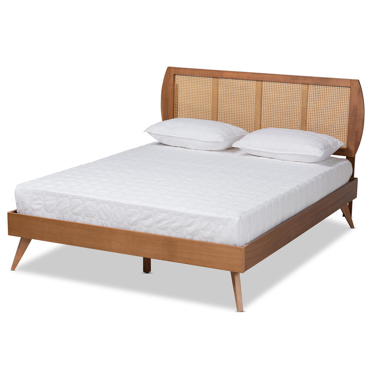 Nevan Mid-Century Modern and Synthetic Rattan Platform Bed