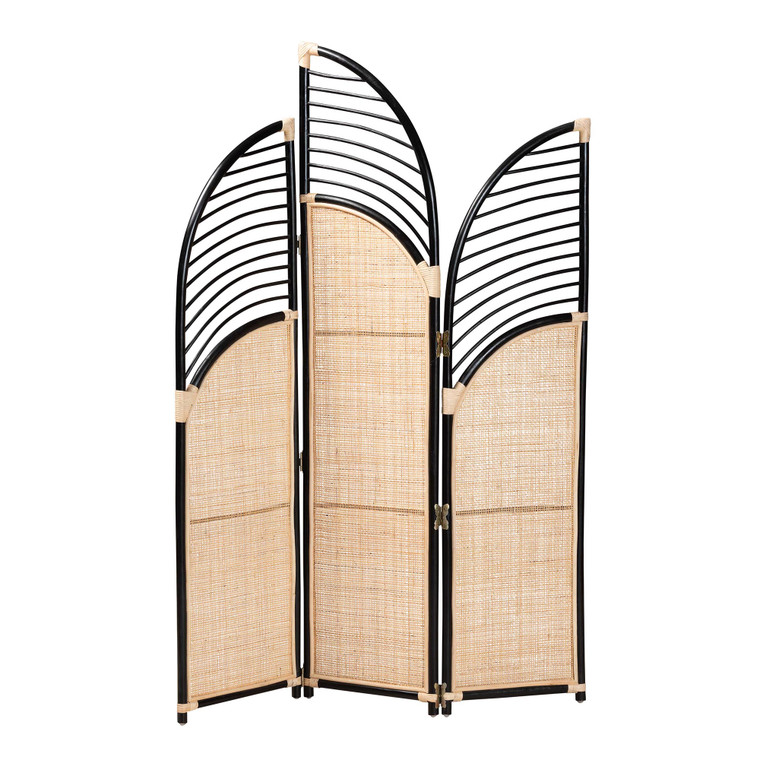 Iasar Modern Bohemian Rattan Room Divider | Black/Natural Brown