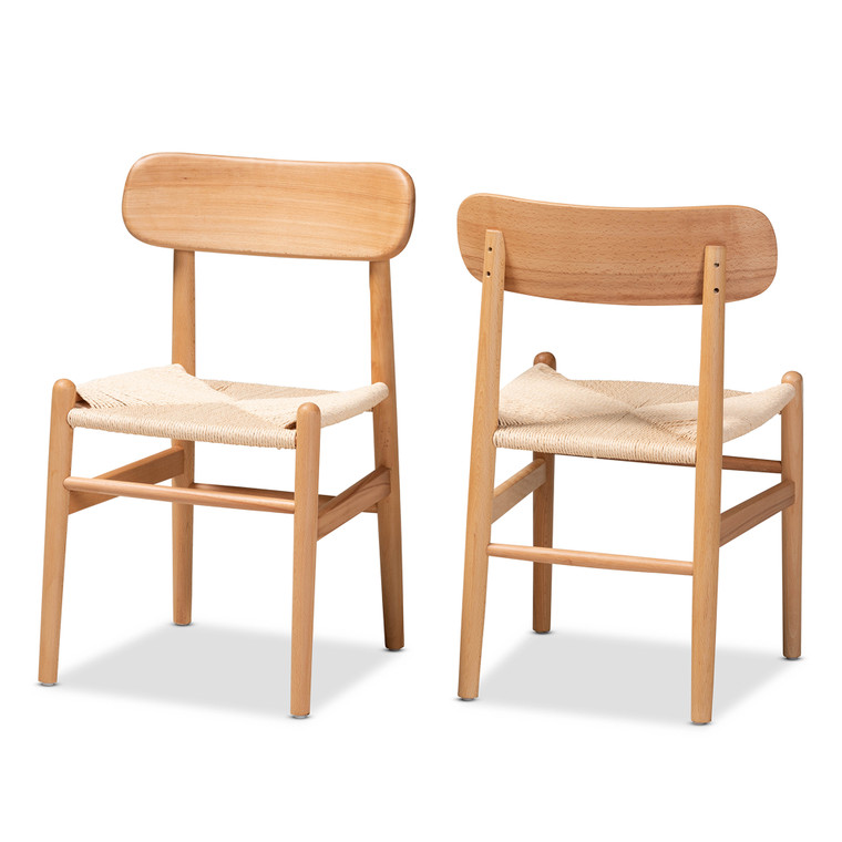 Heemra Tid-Century Todern Hemp and Wood 2-Piece Dining Chair Set | Natural Brown