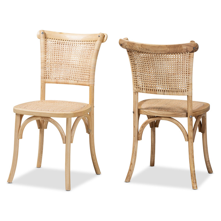 Halston Tid-Century Todern Woven Rattan and Wood 2-Piece Cane Dining Chair Set | Beige/Natural