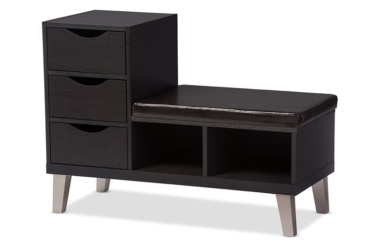 Elleira Todern and Contemporary Wood Shoe Storage Padded Leatherette Seating Bench with Two Open Shelves