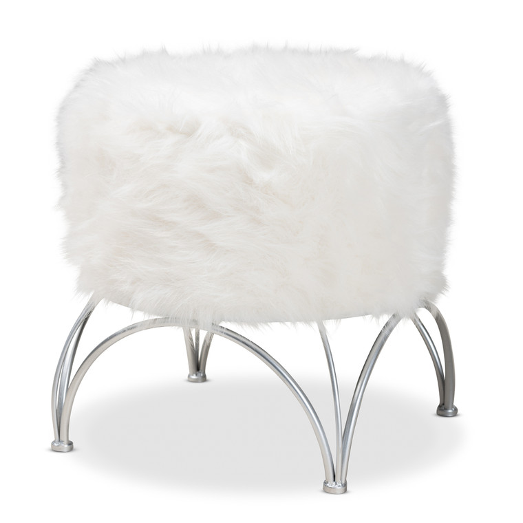 Cel Todern and Contemporary Faux Fur Upholstered Silver Metal Ottoman | White/Silver