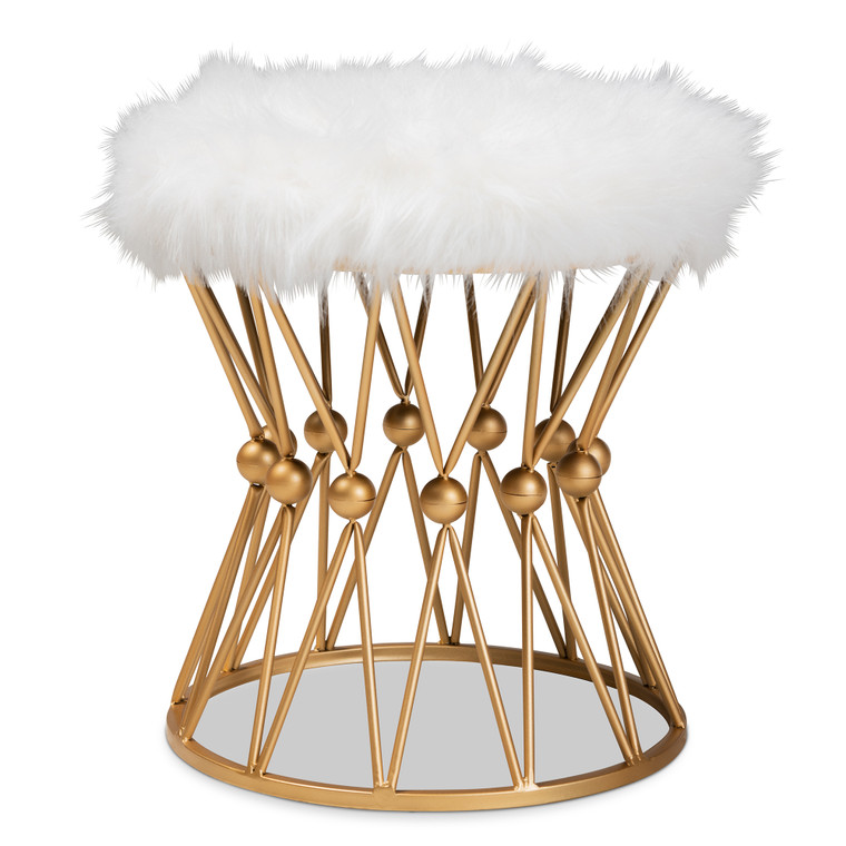 Eonile Glam and Luxe Faux Fur Upholstered Metal Ottoman | White/Gold