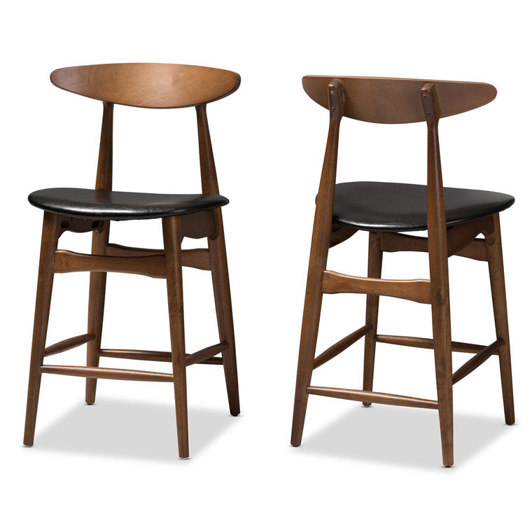 Quinn Tid-Century Todern Faux Leather Upholstered Counter Stool | Set of 2 | Black/Walnut Brown
