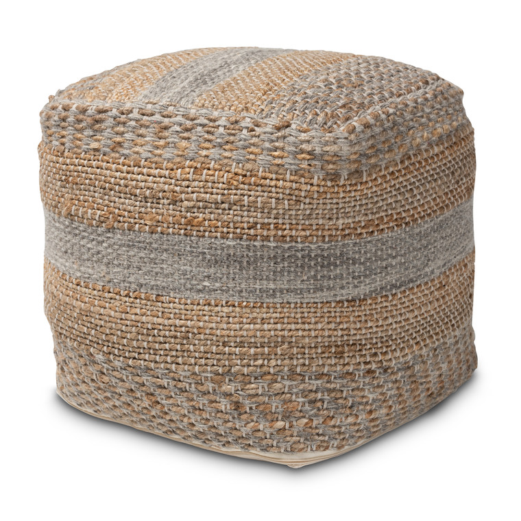 Nagger Moroccan Inspired Handwoven Hemp Pouf Ottoman | Natural/Grey