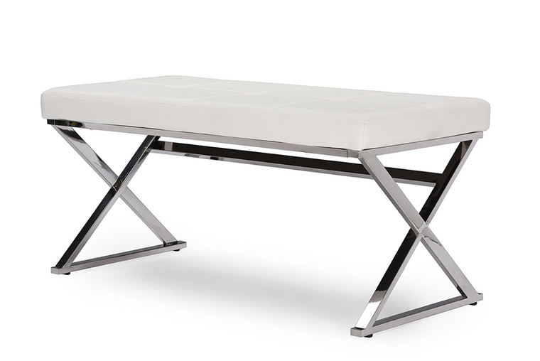 Aldher Todern and Contemporary Stainless Steel and Faux Leather Upholstered Rectangle Bench | White