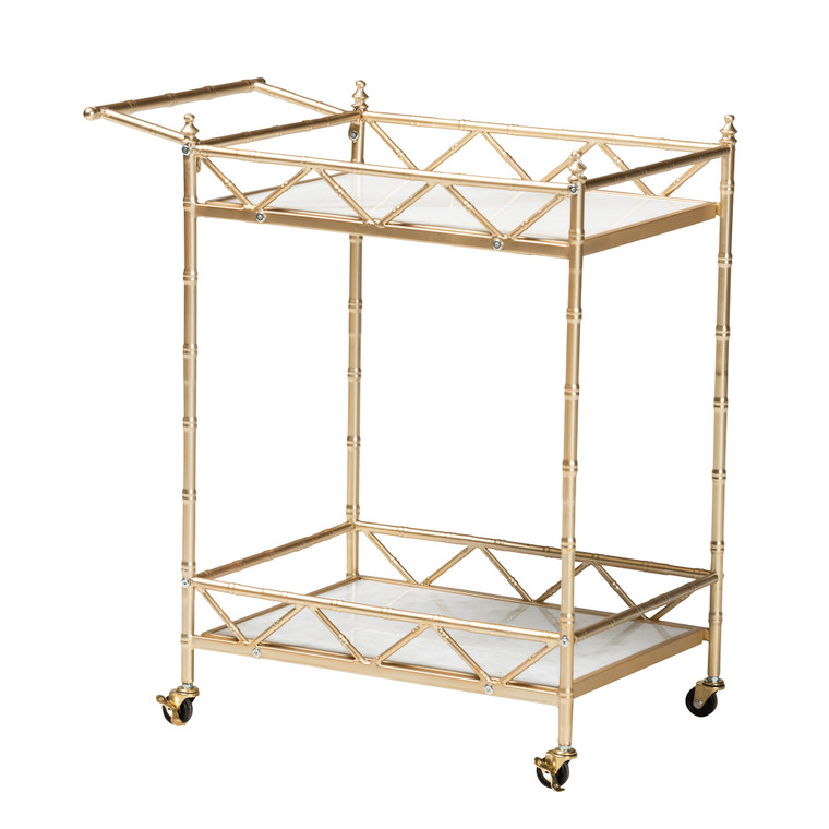 Sela Contemporary Glam and Luxe Metal and Marble 2-Tier Wine Cart | Gold/White Marble