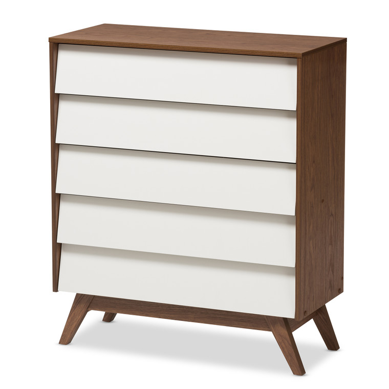 Hildun Tid-Century Todern and 5-Drawer Storage Chest | White/"Walnut" Brown