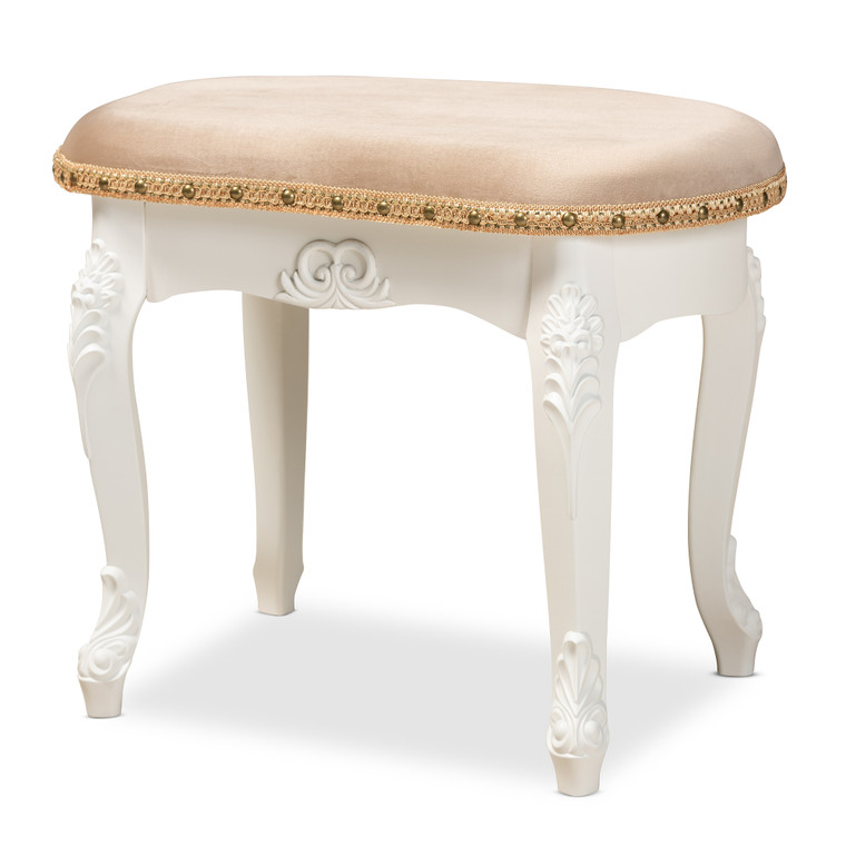 Gabrin Traditional French Country Provincial Velvet Fabric Upholstered Wood Vanity Ottoman | Sand/White/Gold