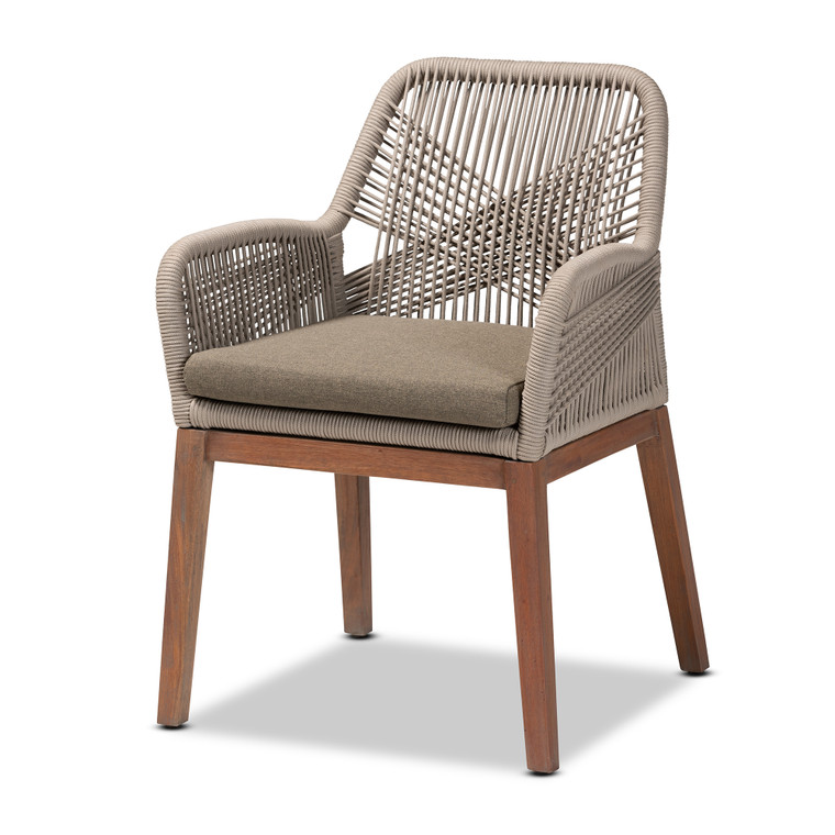 Kelsey Mid-Century Transitional Grey Woven Rope Mahogany Dining Arm Chair | Grey/Walnut Brown