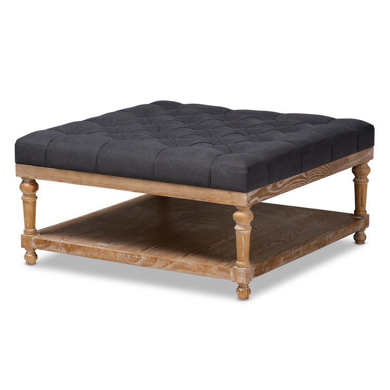 Llyke Todern and Rustic Charcoal Linen Fabric Upholstered and Greywashed Wood Cocktail Ottoman | Charcoal/Greywashed