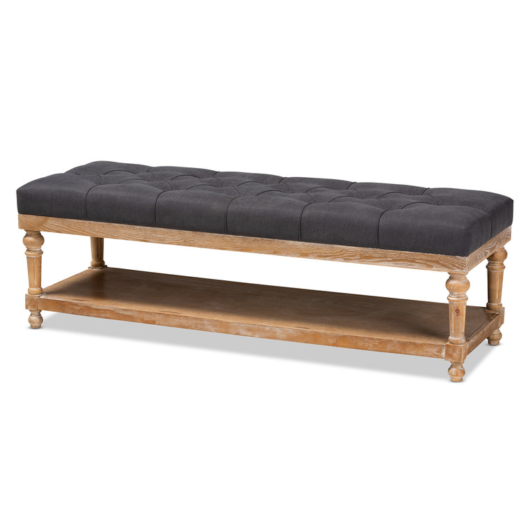 Lindy Todern and Rustic Charcoal Linen Fabric Upholstered and Greywashed Wood Storage Bench | Charcoal/Greywashed