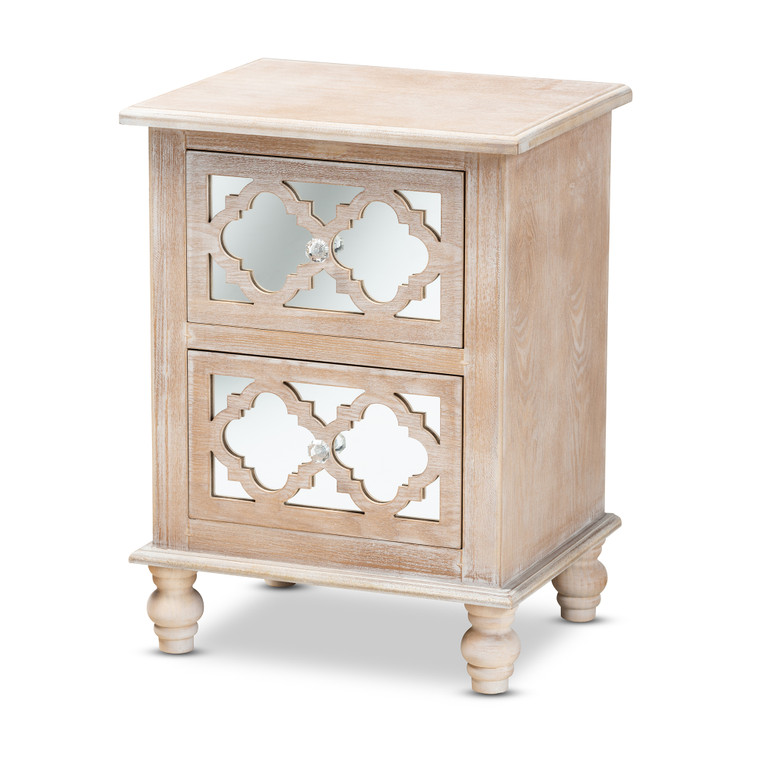Cel Transitional Rustic French Country White-Washed Wood and Mirror 2-Drawer Quatrefoil End Table | Natural/Mirror