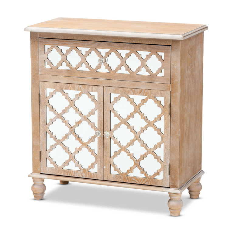 Lea Glam Farmhouse Rustic and Mirrored 1-Drawer Quatrefoil Storage Cabinet | Whitewashed Brown/Mirrored
