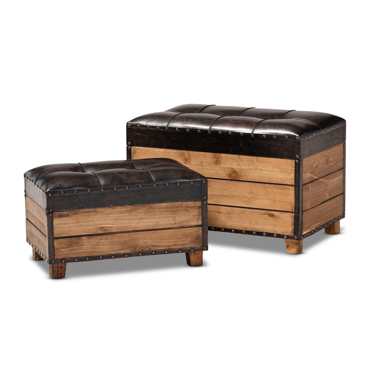 Barelli Rustic Faux Leather Upholstered 2-Piece Wood Storage Trunk Ottoman Set | Stellan Brown/Golden Oak