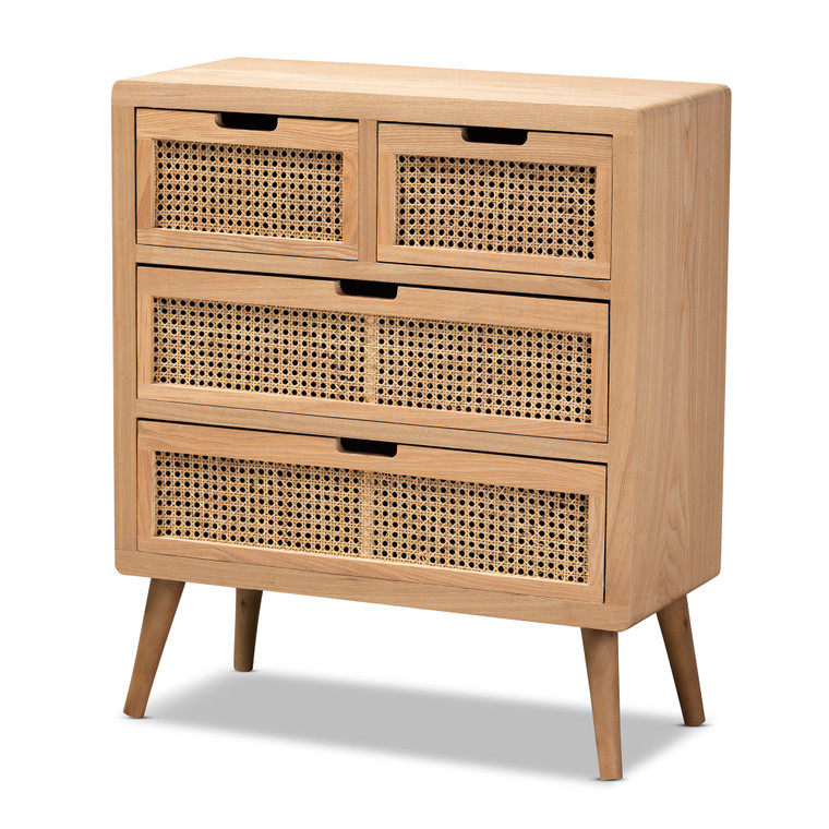 Nyx Tid-Century Todern Rattan 4-Drawer Accent Storage Cabinet | Medium Oak