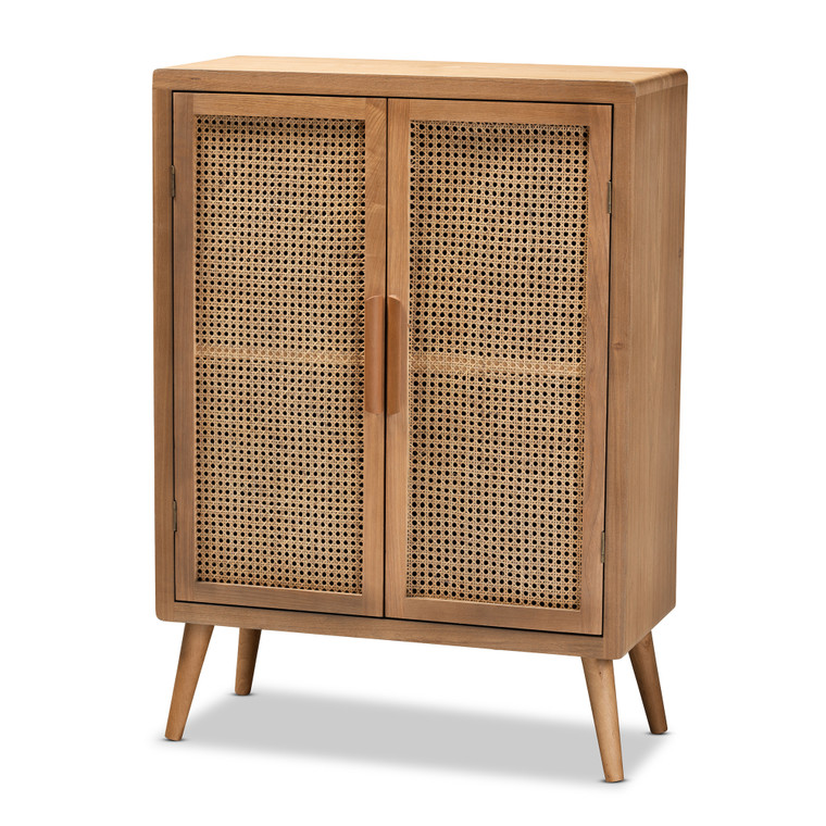 Nyx Tid-Century Todern Rattan 2-Door Accent Storage Cabinet | Medium Oak