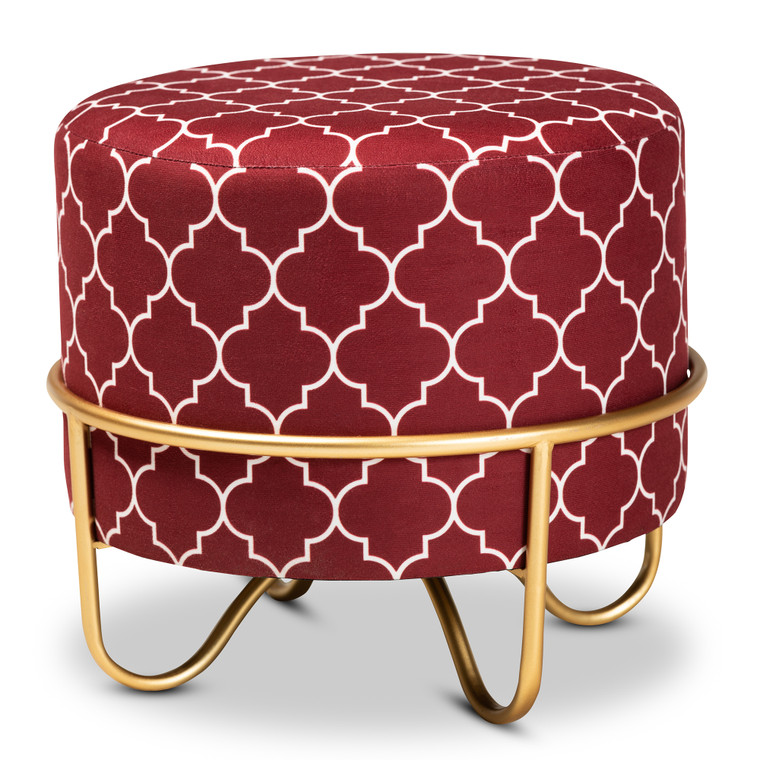 Halden Glam and Luxe Red Quatrefoil Velvet Fabric Upholstered Metal Ottoman | Red/White/Gold