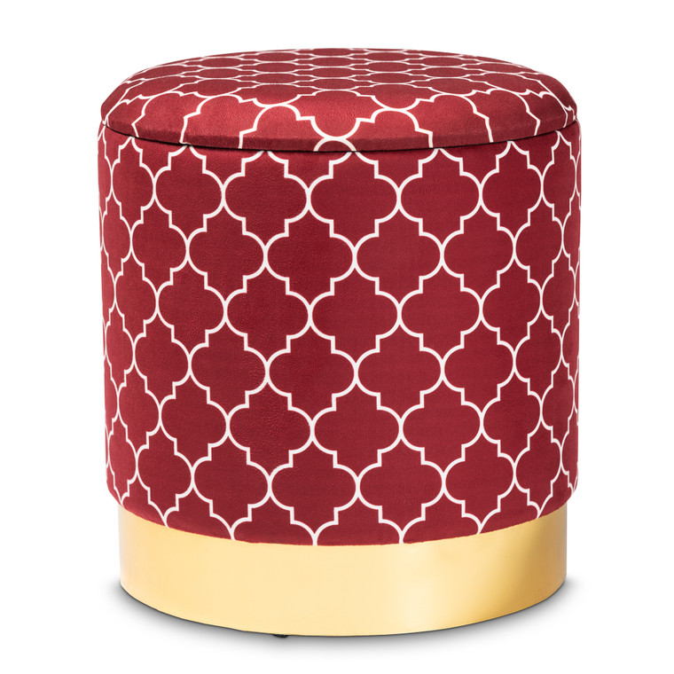 Arres Glam and Luxe Red Quatrefoil Velvet Fabric Upholstered Metal Storage Ottoman | Red/White/Gold