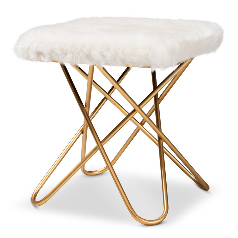 Ellav Glam and Luxe Faux Fur Upholstered Metal Ottoman | White/Gold