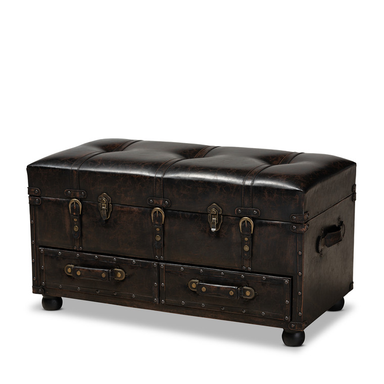 Rushmore Modern Transitional Distressed Faux Leather Upholstered 2-Drawer Storage Trunk Ottoman | Stellan Brown/Black