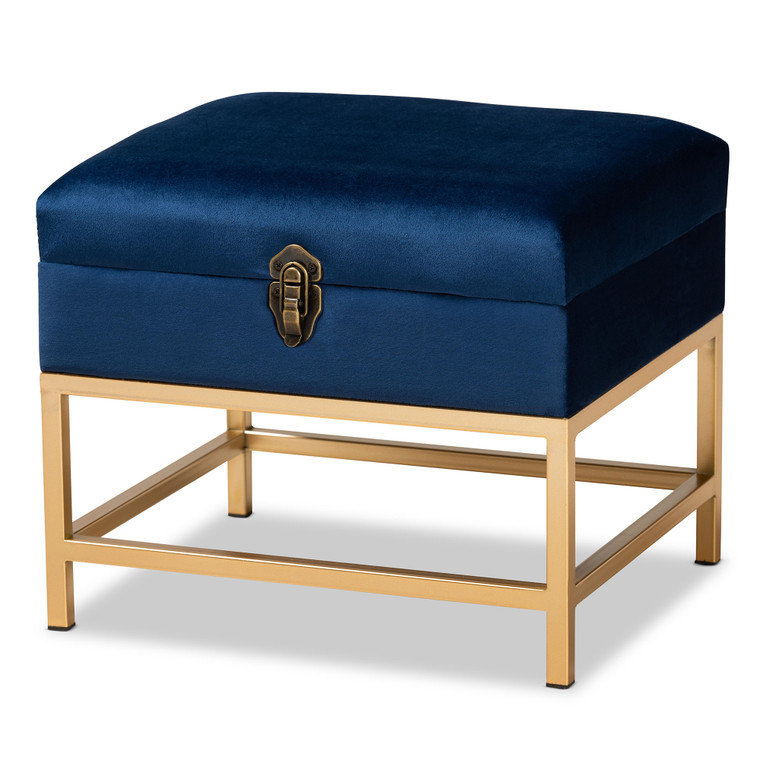 Anaila Glam and Luxe Velvet Fabric Upholstered Small Storage Ottoman  | Navy Blue/Gold