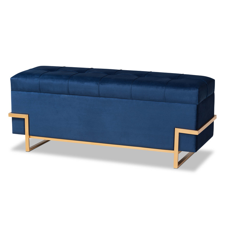 Kerp Glam and Luxe Velvet Upholstered Storage Ottoman  | Navy Blue/Gold