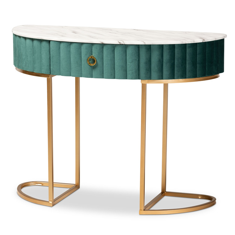 Eleab Luxe and Glam Velvet Upholstered and Brushed 1-Drawer Console Table with Faux Marble Tabletop | Green/Gold