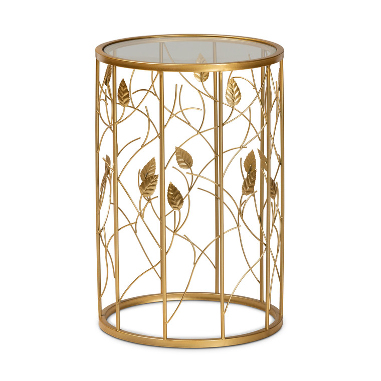 Aroc Todern and Contemporary Glam Brushed Finished Metal and Glass Leaf Accent End Table | Gold