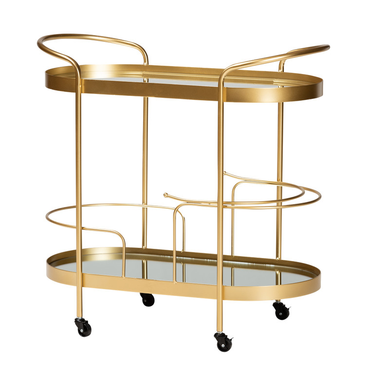 Malka Todern and Contemporary Glam Brushed Finished Metal and Mirrored Glass 2-Tier Mobile Wine Bar Cart | Gold