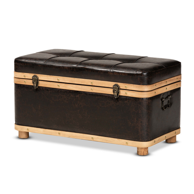 Gerdy Modern Rustic Transitional Faux Leather Upholstered Large Storage Ottoman | Stellan Brown/Oak Brown