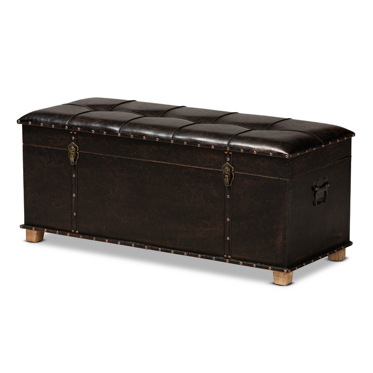 Zoe Rustic Transitional Faux Leather Upholstered Storage Ottoman | Stellan Brown/Oak Brown