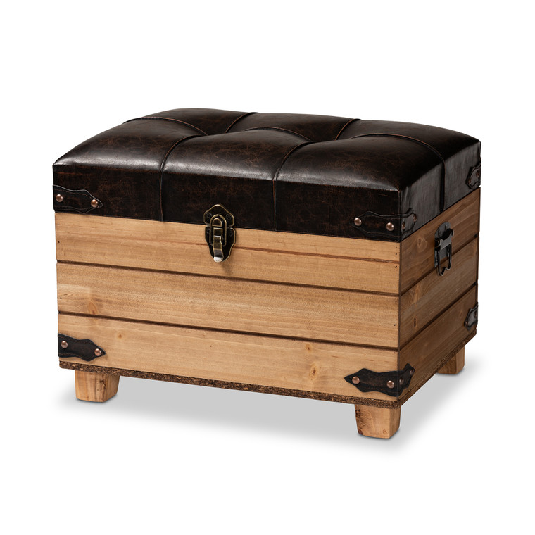 Dnumde Rustic Transitional Faux Leather Upholstered Storage Ottoman | Stellan Brown/Oak Brown