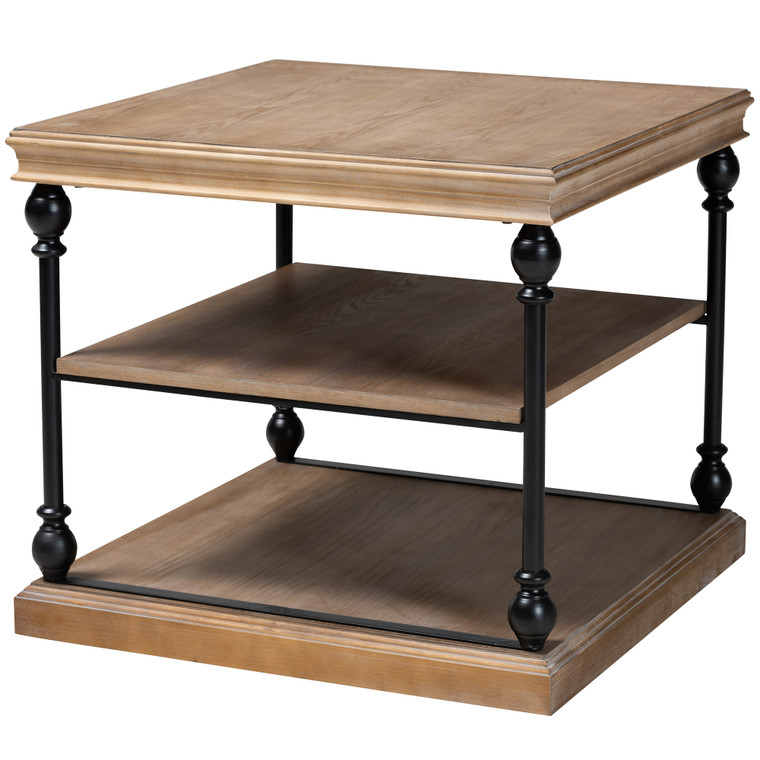 Bastianse Traditional Industrial Greywashed Wood 3-Tier End Table | Greywashed/Black