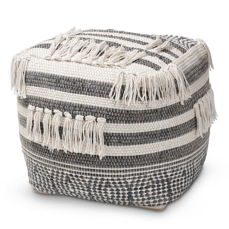 Kirb Moroccan Inspired Handwoven Cotton Pouf Ottoman | Grey/Ivory