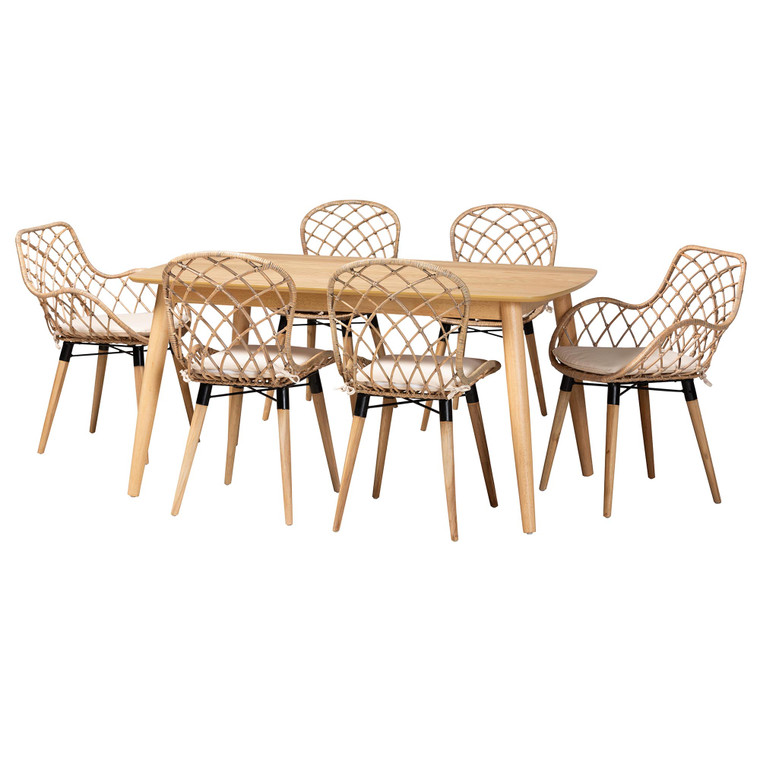 Ligade Modern Bohemian Rattan 7-Piece Dining Set | Greywash/Natural Brown/White/Black