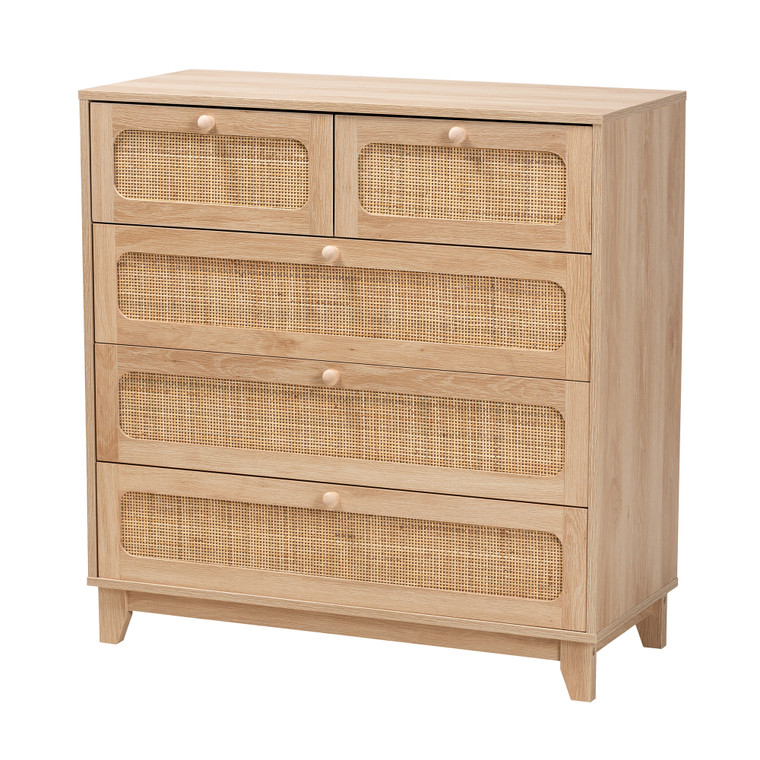 Fae Mid-Century Modern Rattan 5-Drawer Storage Cabinet | Oak Brown/Natural Brown