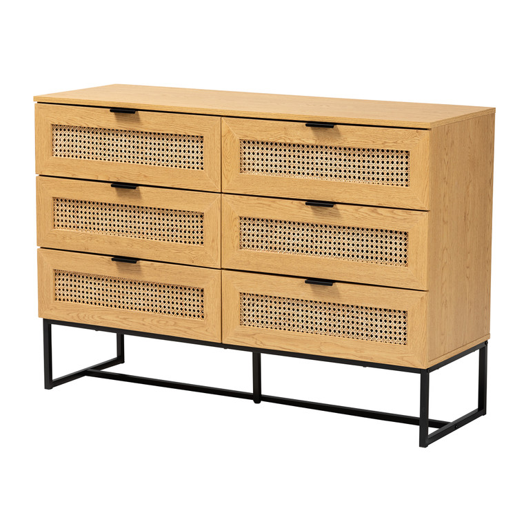 Eywas Mid-Century Modern Industrial 6-Drawer Storage Cabinet with Rattan | Oak Brown/Black