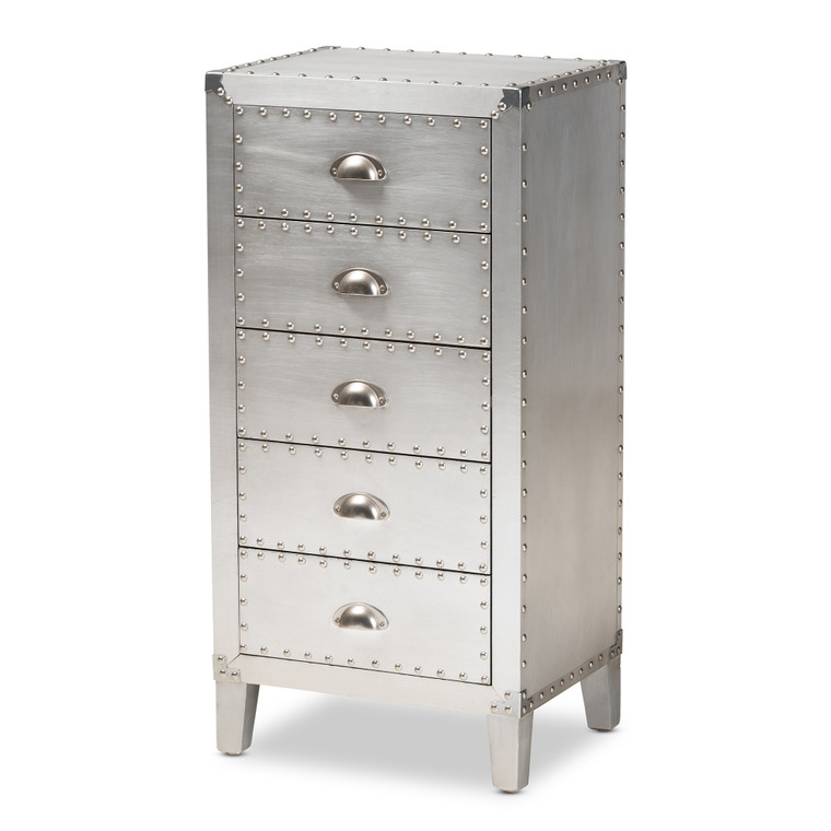Rafferty French Industrial Metal 5-Drawer Accent Storage Cabinet | Silver
