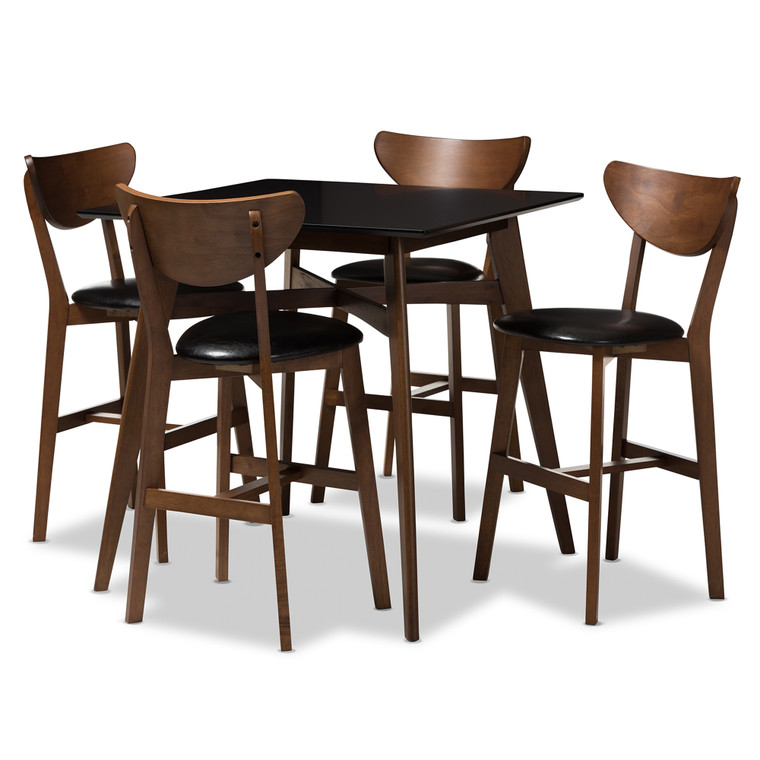 Jansen Tid-Century Todern Faux Leather Upholstered 5-Piece Pub Set | Black/Walnut Brown