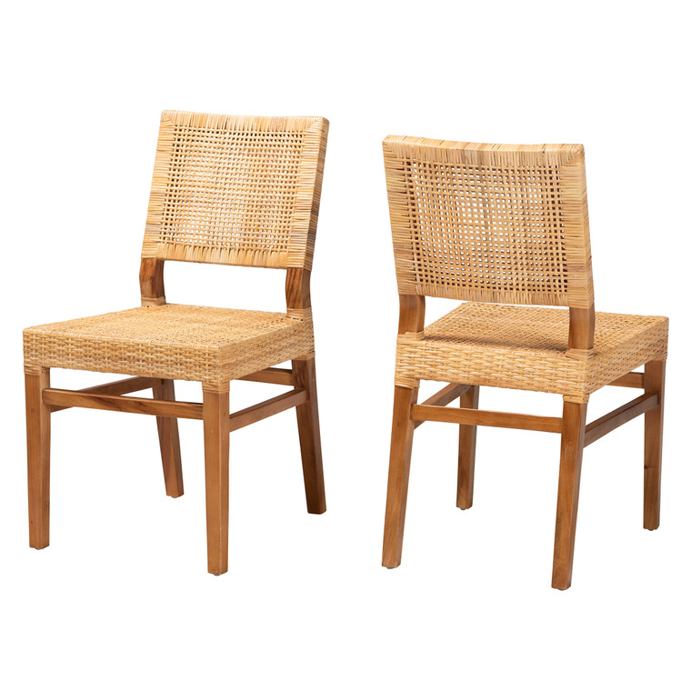 Lesa Todern Bohemian Rattan and Mahogany Wood 2-Piece Dining Chair Set | Natural Brown/Walnut Brown