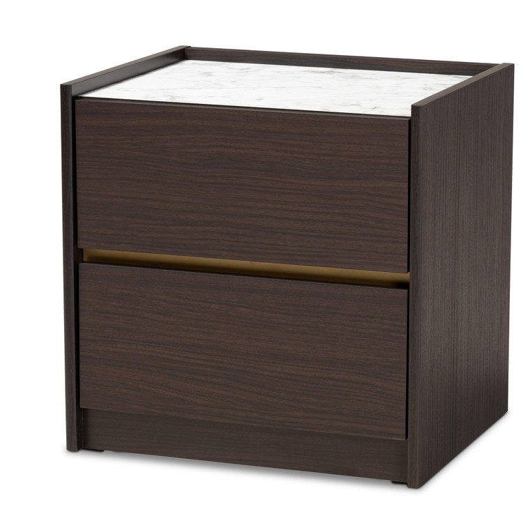 Relkaw Modern and Contemporary Wood Nightstand with Faux Marble Top | Stellan Brown/Marble/Gold