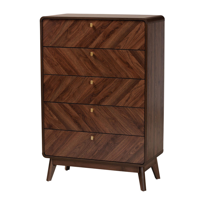 Clarkell Mid-Century Modern Transitional 5-Drawer Storage Chest | Walnut Brown/Gold