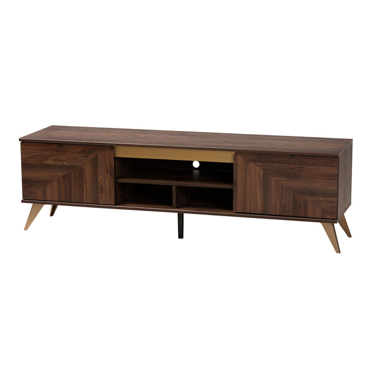 Landraceg Mid-Century Modern Transitional 2-Door TV Stand | Walnut Brown/Gold