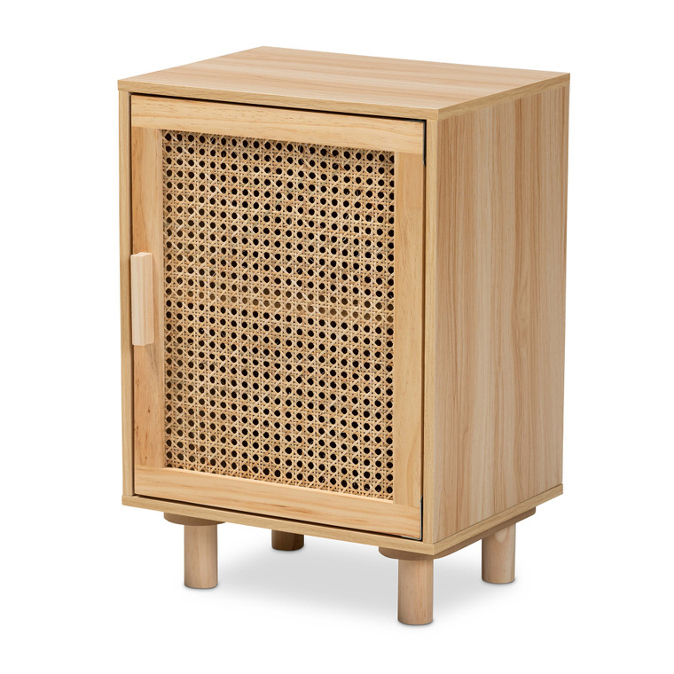 Leanmac Mid-Century Modern Rattan 1-Door End Table | Beige/Natural Brown