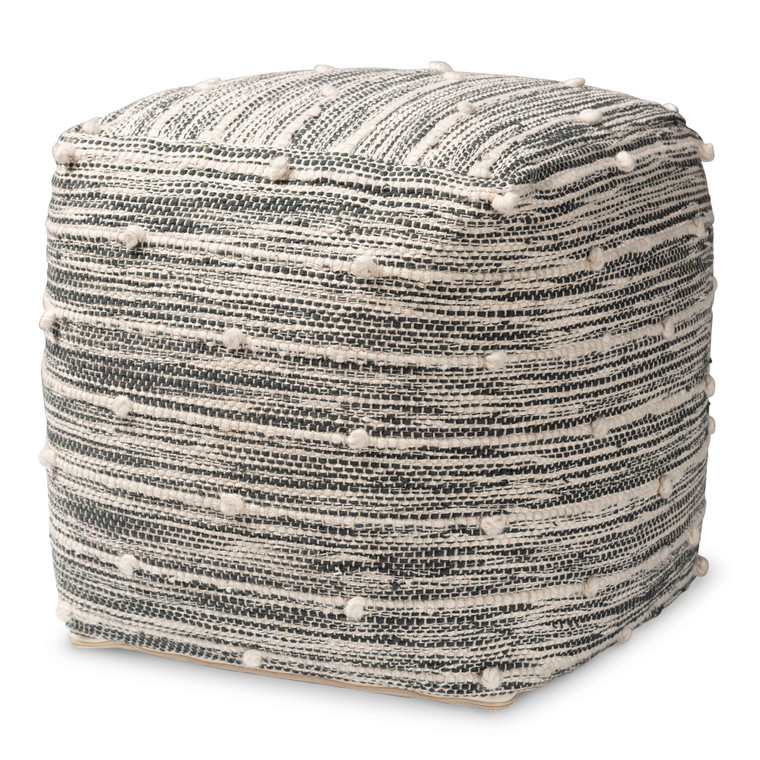 Maceo Todern and Contemporary Moroccan Inspired Handwoven Cotton Blend Pouf Ottoman | Stellan Grey/Ivory
