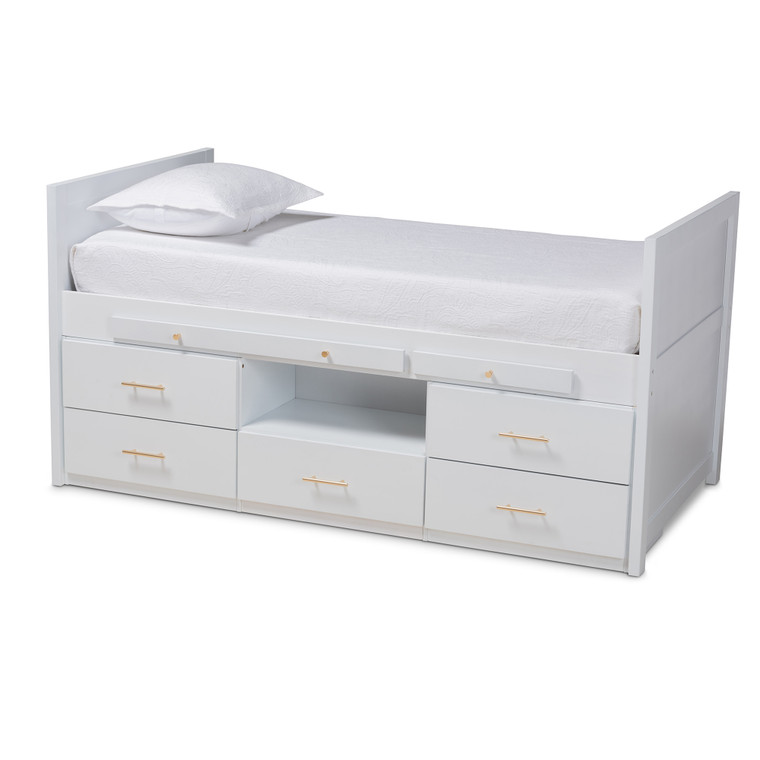 Tirza Modern and Contemporary Wood 5-Drawer Storage Bed with Pull-Out Desk | White