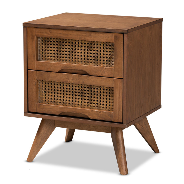 Barron Mid-Century Modern and Synthetic Rattan 2-Drawer Nightstand | Walnut Brown