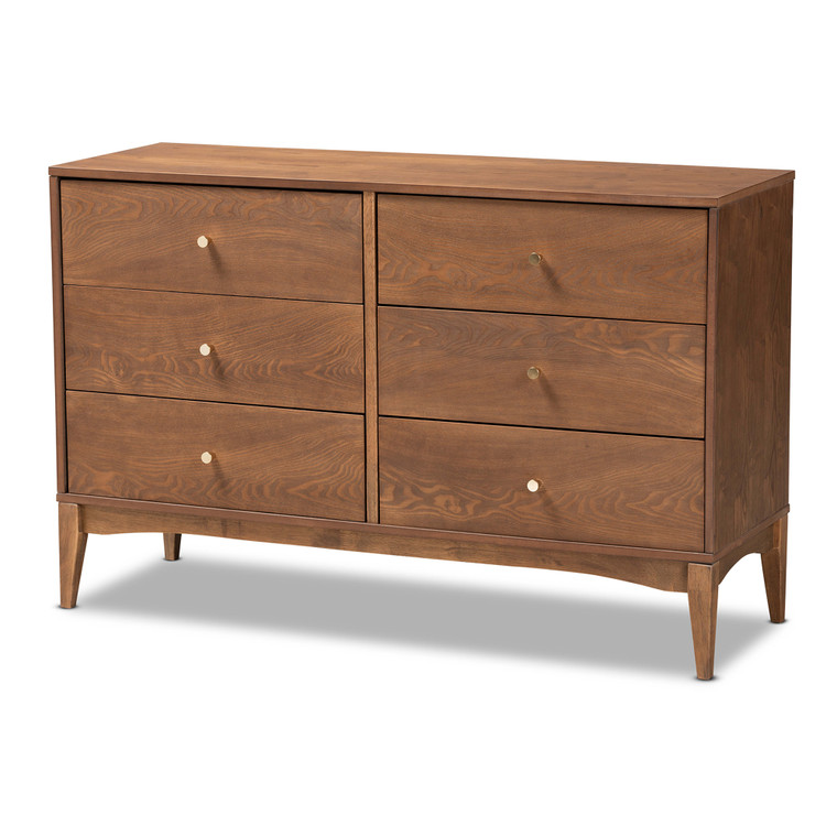 Landi Mid-Century Modern Ash 6-Drawer Dresser | Ash Walnut/Gold